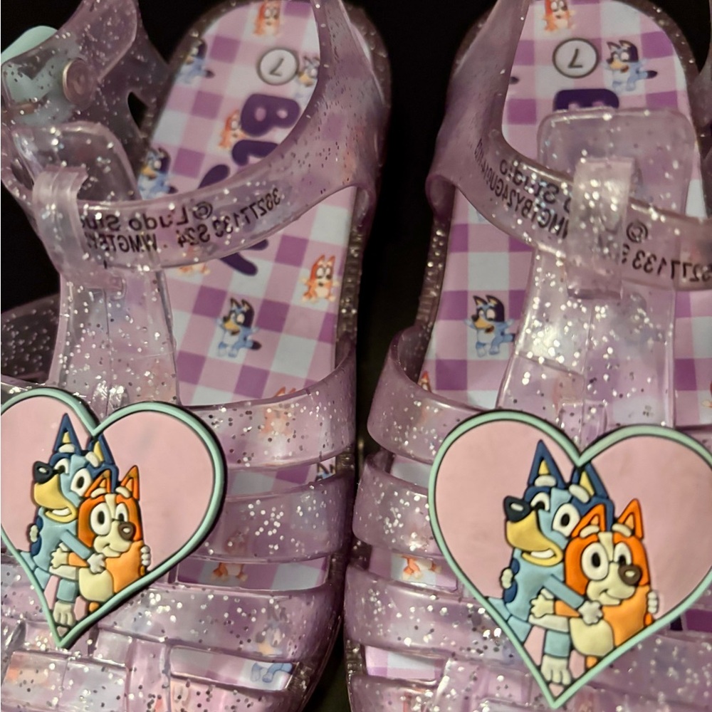 Bluey Purple Glitter Jelly Sandals – Girls Size 7 – Heart Charm – Summer Shoes